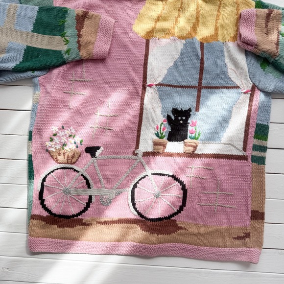 vtg Storybook Knits embroidered pink girl bicycle cat cardigan sweater - Picture 5 of 5